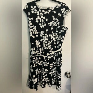 London Times‎ Womens Black White Floral Bottom Ruffle Belted Dress Sz 14
